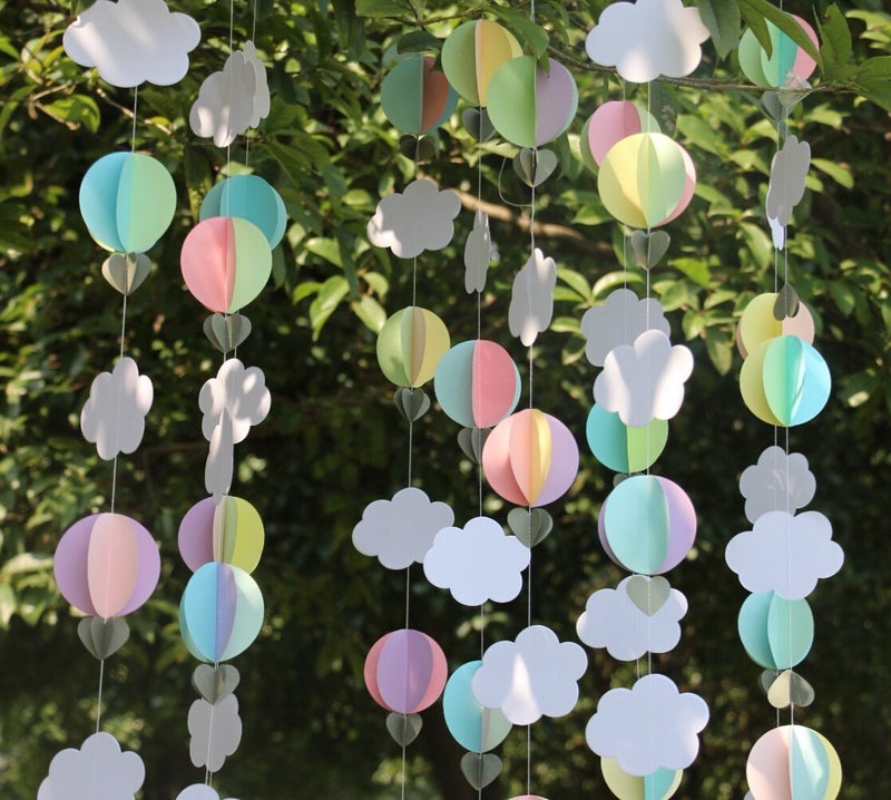Mybbshower Pastel 3D Clouds Hot Air Balloons Garland Birthday Party Home Nursery Room Decorations Up Up and Away Photo Prop 5 pcs - Image 2